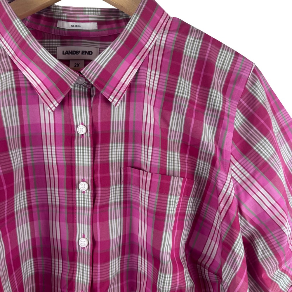 Lands' End Button Down Women 2X Pink Plaid Short Sleeve No Iron Cotton Shirt